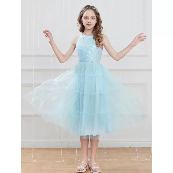 GRACE KARIN Girls Halter Neck Sequin Dress Sparkly Formal Party Prom Pageant Graduation Tulle Dresses Size 512Light Blue