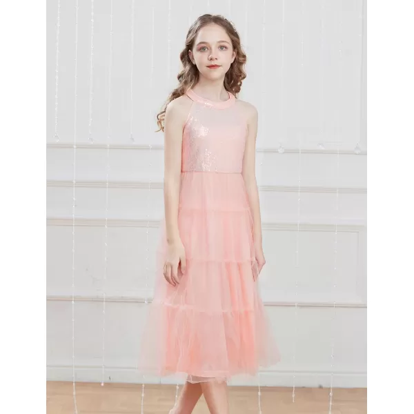 GRACE KARIN Girls Halter Neck Sequin Dress Sparkly Formal Party Prom Pageant Graduation Tulle Dresses Size 512Light Pink