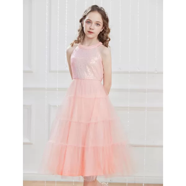 GRACE KARIN Girls Halter Neck Sequin Dress Sparkly Formal Party Prom Pageant Graduation Tulle Dresses Size 512Light Pink