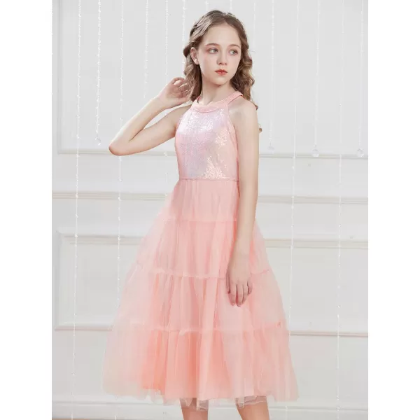 GRACE KARIN Girls Halter Neck Sequin Dress Sparkly Formal Party Prom Pageant Graduation Tulle Dresses Size 512Light Pink