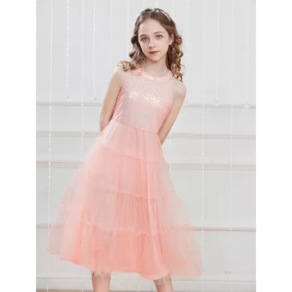 GRACE KARIN Girls Halter Neck Sequin Dress Sparkly Formal Party Prom Pageant Graduation Tulle Dresses Size 512Light Pink