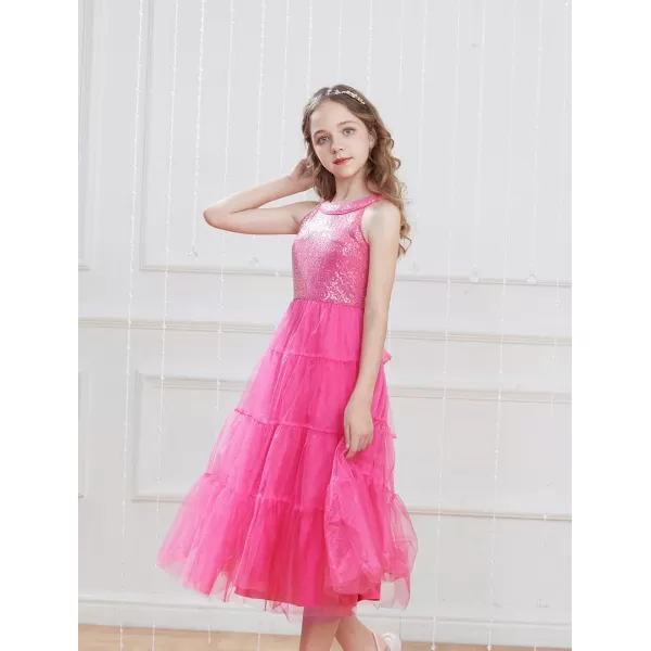 GRACE KARIN Girls Halter Neck Sequin Dress Sparkly Formal Party Prom Pageant Graduation Tulle Dresses Size 512Rose Red