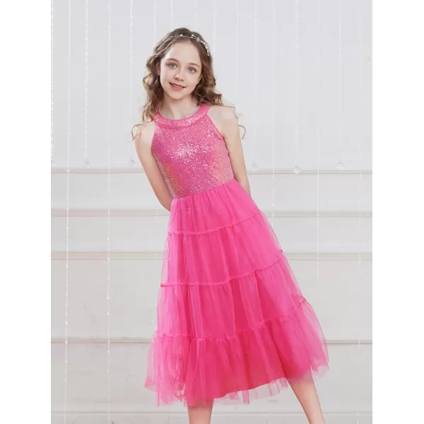 GRACE KARIN Girls Halter Neck Sequin Dress Sparkly Formal Party Prom Pageant Graduation Tulle Dresses Size 512Rose Red