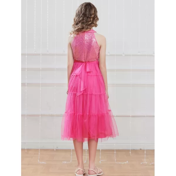 GRACE KARIN Girls Halter Neck Sequin Dress Sparkly Formal Party Prom Pageant Graduation Tulle Dresses Size 512Rose Red