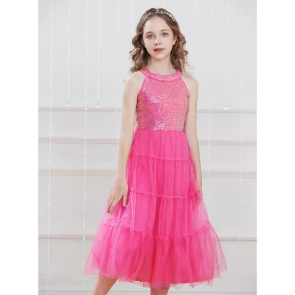 GRACE KARIN Girls Halter Neck Sequin Dress Sparkly Formal Party Prom Pageant Graduation Tulle Dresses Size 512Rose Red