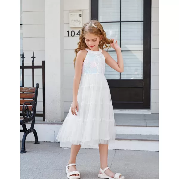 GRACE KARIN Girls Halter Neck Sequin Dress Sparkly Formal Party Prom Pageant Graduation Tulle Dresses Size 512White