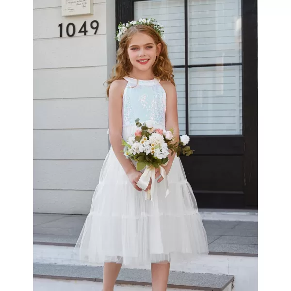 GRACE KARIN Girls Halter Neck Sequin Dress Sparkly Formal Party Prom Pageant Graduation Tulle Dresses Size 512White