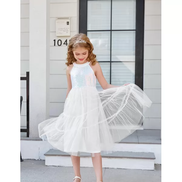 GRACE KARIN Girls Halter Neck Sequin Dress Sparkly Formal Party Prom Pageant Graduation Tulle Dresses Size 512White