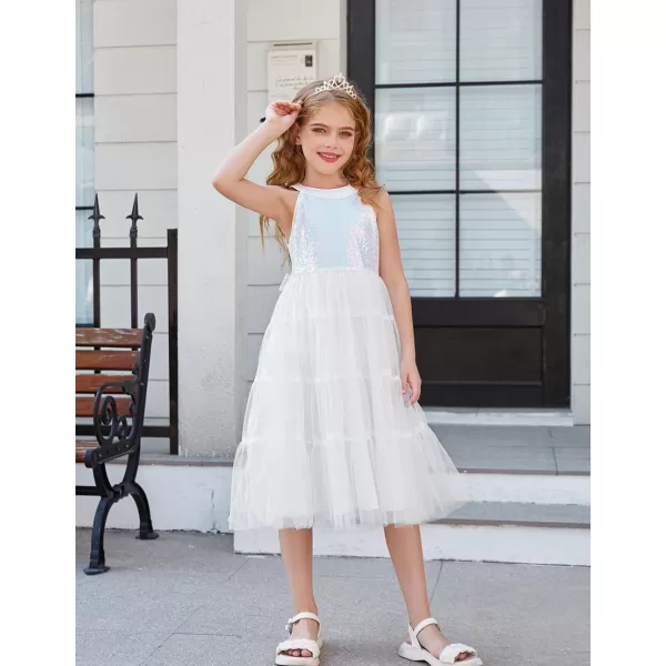 GRACE KARIN Girls Halter Neck Sequin Dress Sparkly Formal Party Prom Pageant Graduation Tulle Dresses Size 512White