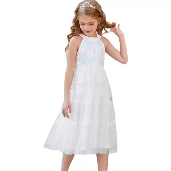 GRACE KARIN Girls Halter Neck Sequin Dress Sparkly Formal Party Prom Pageant Graduation Tulle Dresses Size 512White