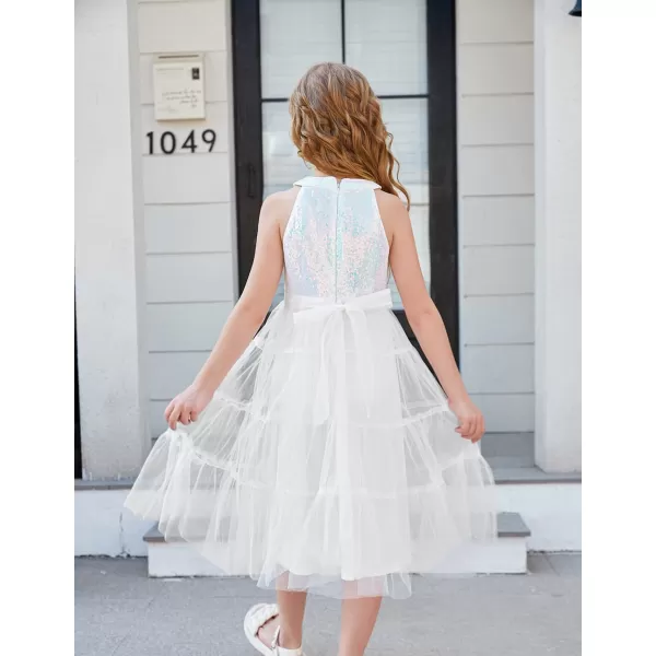 GRACE KARIN Girls Halter Neck Sequin Dress Sparkly Formal Party Prom Pageant Graduation Tulle Dresses Size 512White