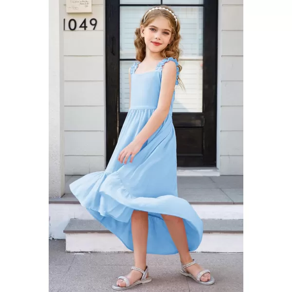 GRACE KARIN Girls HighLow Chiffon Dress Sleeveless Ruffle Straps Tiered ALine Maxi Boho Dress 512YLight Blue