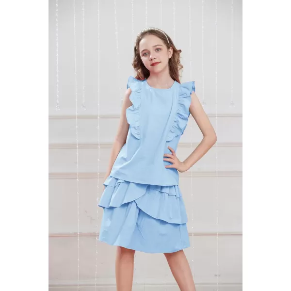 GRACE KARIN Girls Kids Outfits Two Piece Summer Clothes Flutter Sleeve Top Cake Skirt Set Size 512Light Blue