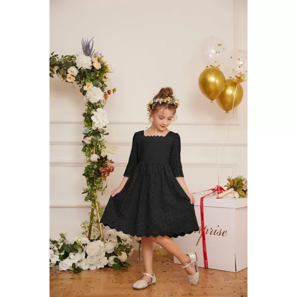 GRACE KARIN Girls Lace Dress 34 Sleeve Ruffle Formal Flower Birthday Party Dress with Belt 512Black