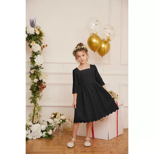 GRACE KARIN Girls Lace Dress 34 Sleeve Ruffle Formal Flower Birthday Party Dress with Belt 512Black