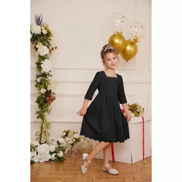 GRACE KARIN Girls Lace Dress 34 Sleeve Ruffle Formal Flower Birthday Party Dress with Belt 512Black