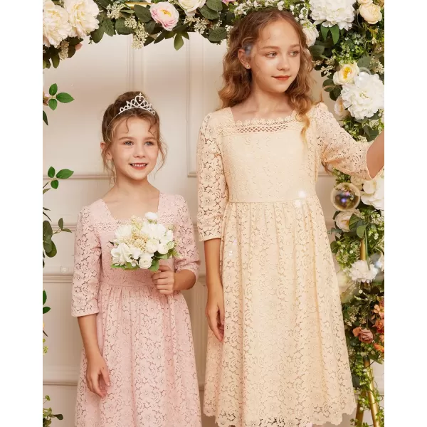 GRACE KARIN Girls Lace Dress 34 Sleeve Ruffle Formal Flower Birthday Party Dress with Belt 512Cream