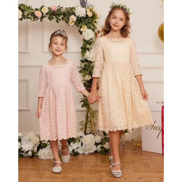 GRACE KARIN Girls Lace Dress 34 Sleeve Ruffle Formal Flower Birthday Party Dress with Belt 512Cream