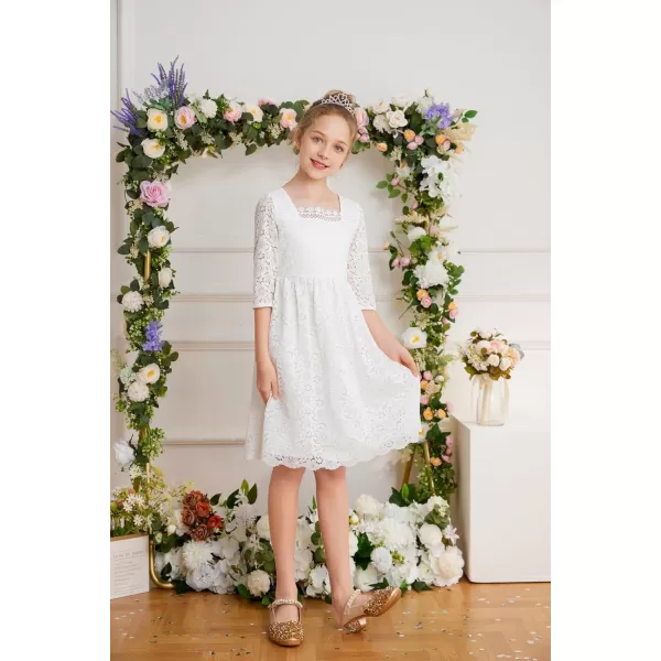 GRACE KARIN Girls Lace Dress 34 Sleeve Ruffle Formal Flower Birthday Party Dress with Belt 512White