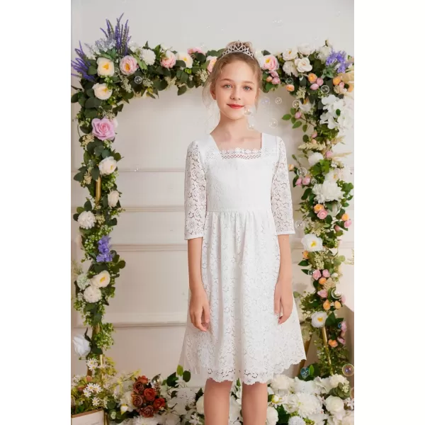 GRACE KARIN Girls Lace Dress 34 Sleeve Ruffle Formal Flower Birthday Party Dress with Belt 512White