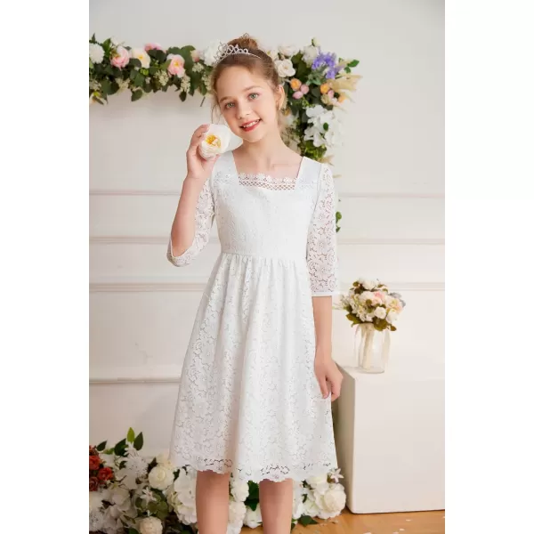 GRACE KARIN Girls Lace Dress 34 Sleeve Ruffle Formal Flower Birthday Party Dress with Belt 512White