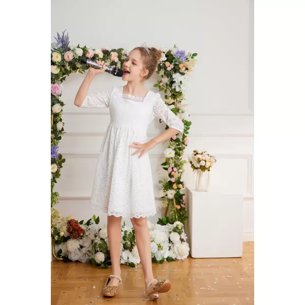 GRACE KARIN Girls Lace Dress 34 Sleeve Ruffle Formal Flower Birthday Party Dress with Belt 512White