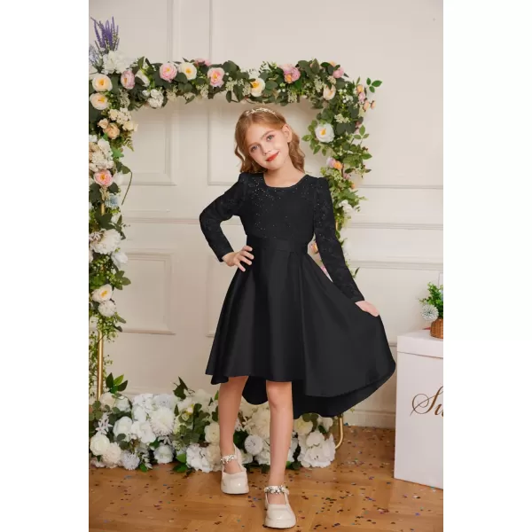 GRACE KARIN Girls Lace Dress High Low Dress Long Sleeve VBack Dress for Girl 614YBlack