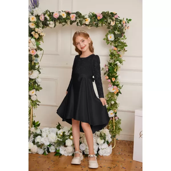 GRACE KARIN Girls Lace Dress High Low Dress Long Sleeve VBack Dress for Girl 614YBlack