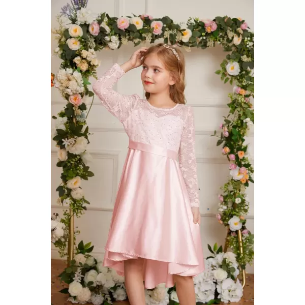 GRACE KARIN Girls Lace Dress High Low Dress Long Sleeve VBack Dress for Girl 614YPink