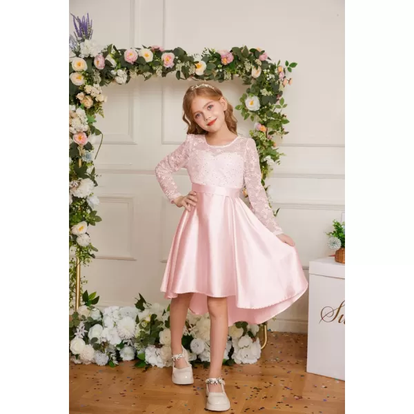 GRACE KARIN Girls Lace Dress High Low Dress Long Sleeve VBack Dress for Girl 614YPink