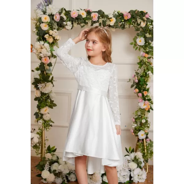 GRACE KARIN Girls Lace Dress High Low Dress Long Sleeve VBack Dress for Girl 614YWhite