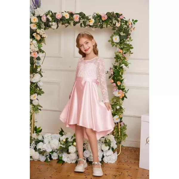 GRACE KARIN Girls Lace Sequin Dress High Low Dress Long Sleeve Wedding Dress for Girls 614YPink