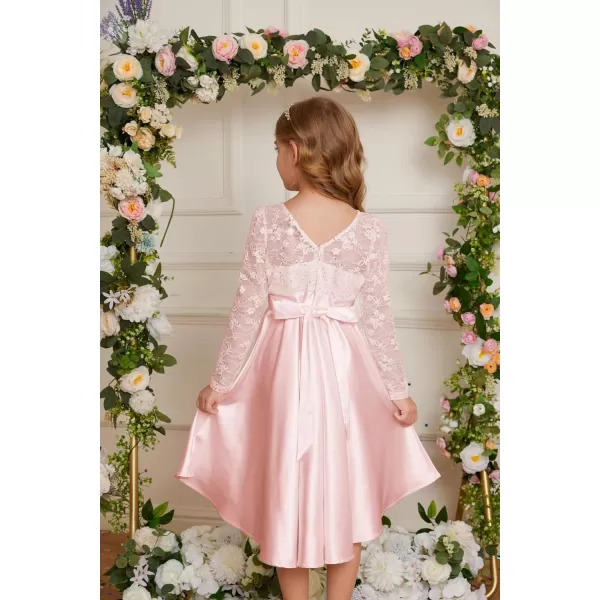 GRACE KARIN Girls Lace Sequin Dress High Low Dress Long Sleeve Wedding Dress for Girls 614YPink