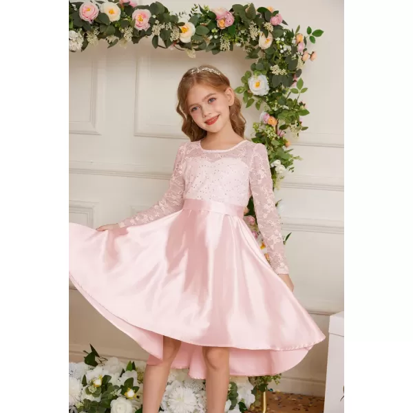 GRACE KARIN Girls Lace Sequin Dress High Low Dress Long Sleeve Wedding Dress for Girls 614YPink