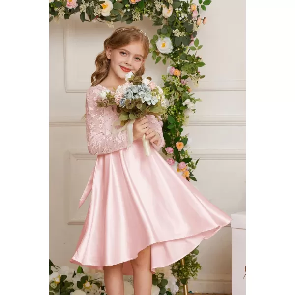 GRACE KARIN Girls Lace Sequin Dress High Low Dress Long Sleeve Wedding Dress for Girls 614YPink