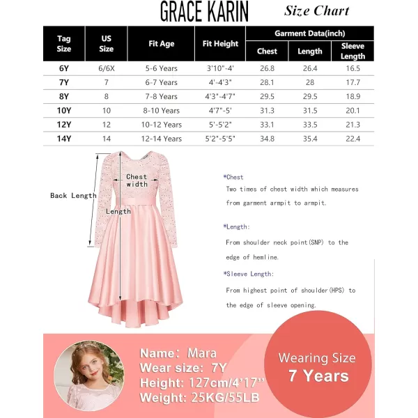 GRACE KARIN Girls Lace Sequin Dress High Low Dress Long Sleeve Wedding Dress for Girls 614YPink