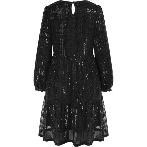 GRACE KARIN Girls Long Sleeve Crew Neck Sequined ALine Dress with Hair BowBlack