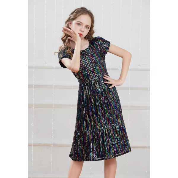 GRACE KARIN Girls Long Sleeve Crew Neck Sequined ALine Dress with Hair BowBlack Multicoloured