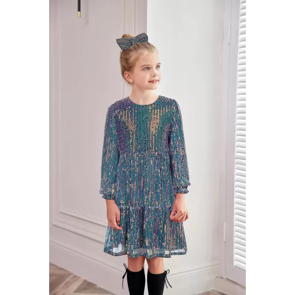 GRACE KARIN Girls Long Sleeve Crew Neck Sequined ALine Dress with Hair BowDark Blue1