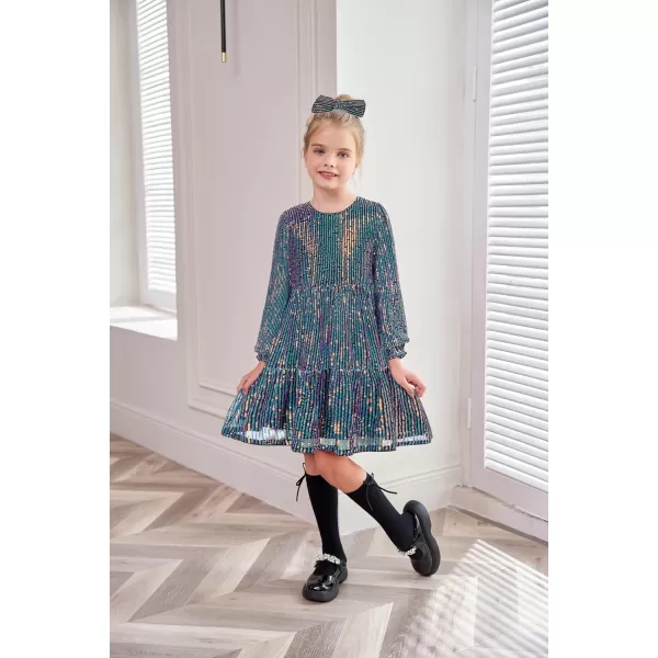 GRACE KARIN Girls Long Sleeve Crew Neck Sequined ALine Dress with Hair BowDark Blue1