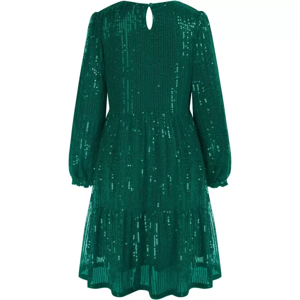 GRACE KARIN Girls Long Sleeve Crew Neck Sequined ALine Dress with Hair BowDark Green