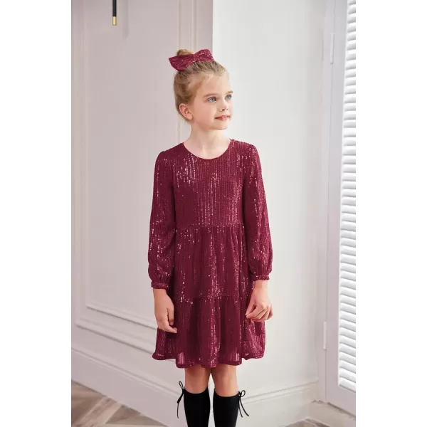 GRACE KARIN Girls Long Sleeve Crew Neck Sequined ALine Dress with Hair BowDark Red