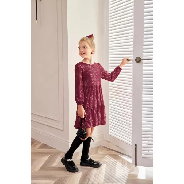 GRACE KARIN Girls Long Sleeve Crew Neck Sequined ALine Dress with Hair BowDark Red