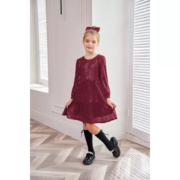 GRACE KARIN Girls Long Sleeve Crew Neck Sequined ALine Dress with Hair BowDark Red