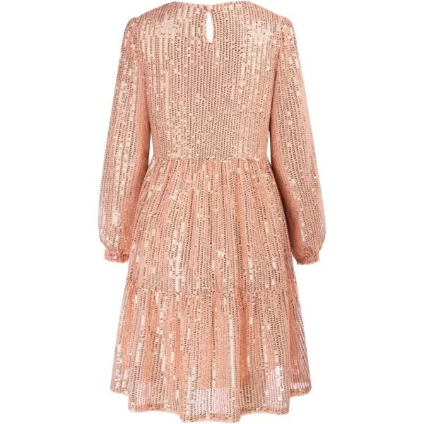 GRACE KARIN Girls Long Sleeve Crew Neck Sequined ALine Dress with Hair BowPink Rose Gold