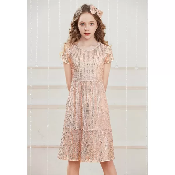 GRACE KARIN Girls Long Sleeve Crew Neck Sequined ALine Dress with Hair BowRose Gold 1