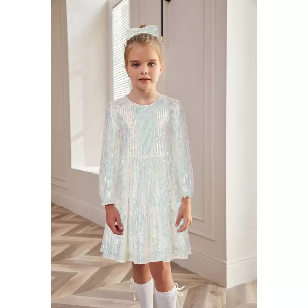 GRACE KARIN Girls Long Sleeve Crew Neck Sequined ALine Dress with Hair BowWhite Multicolor