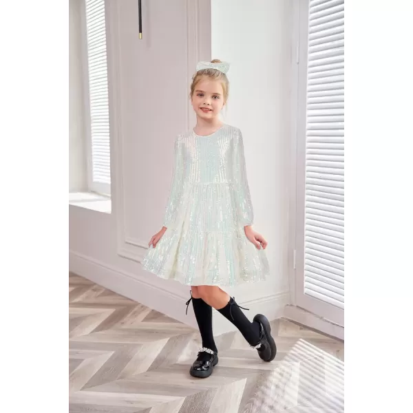 GRACE KARIN Girls Long Sleeve Crew Neck Sequined ALine Dress with Hair BowWhite Multicolor