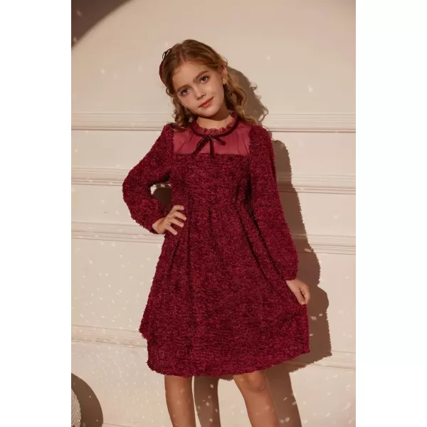 GRACE KARIN Girls Long Sleeve Dress Mesh ALine Casual Crewneck Dresses 512YWine Red