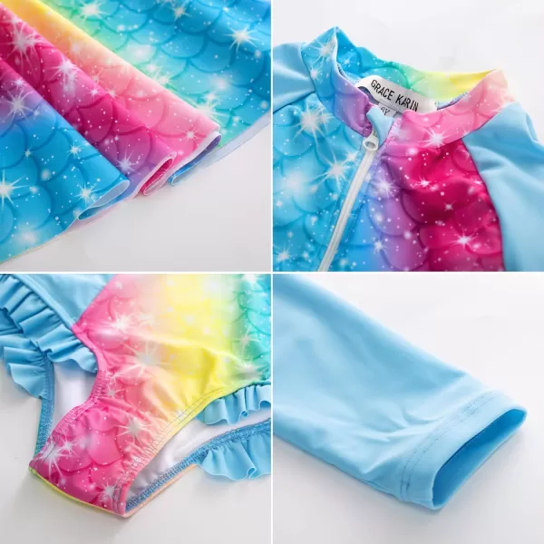 GRACE KARIN Girls Long Sleeve Swimsuit Size 512 Kids Bathing Suit One Piece Swimwear with Skirt Rash Guard Set with HeadbandBlue Rainbow Strip